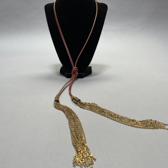 Michael Kors Brown Leather Double Gold Tassel Tie Necklace - Picture 2 of 5